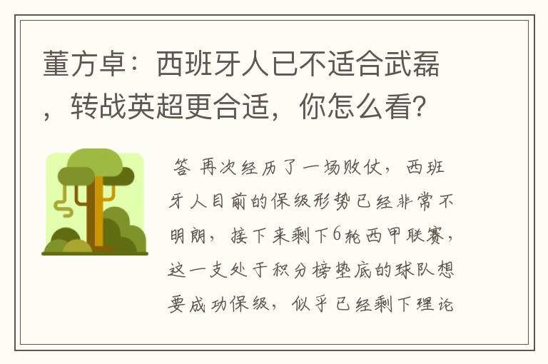 董方卓:西班牙人已不适合武磊,转战英超更合适,你怎么看?