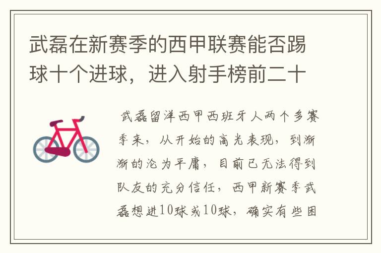 武磊在新赛季的西甲联赛能否踢球十个进球,进入射手榜前二十?
