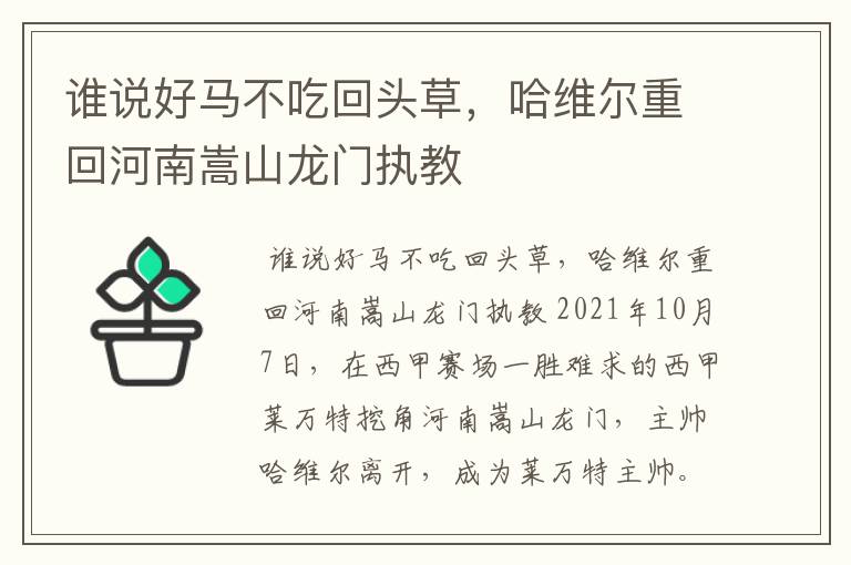 谁说好马不吃回头草,哈维尔重回河南嵩山龙门执教