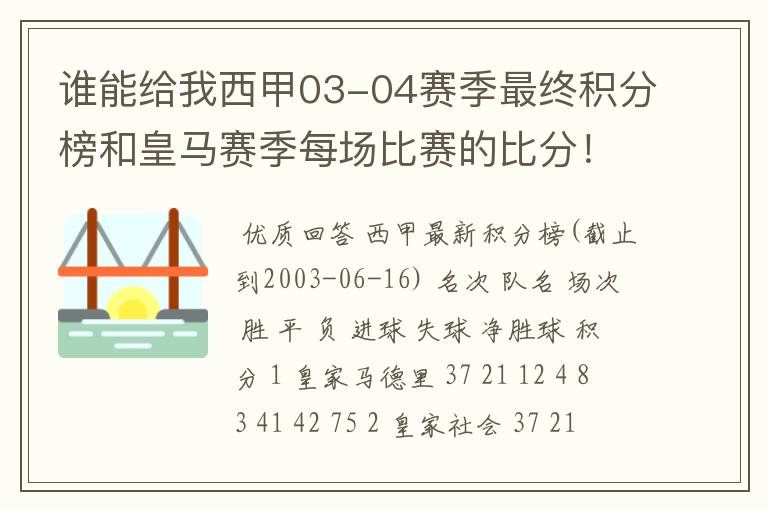 谁能给我西甲03-04赛季最终积分榜和皇马赛季每场比赛的比分!