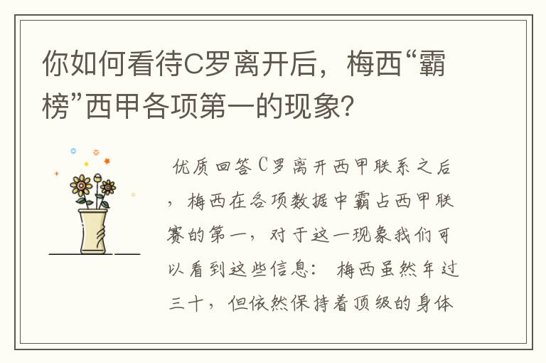 你如何看待C罗离开后,梅西“霸榜”西甲各项第一的现象?