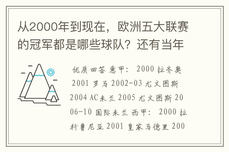 从2000年到现在,欧洲五大联赛的冠军都是哪些球队?还有当年的欧冠冠军。