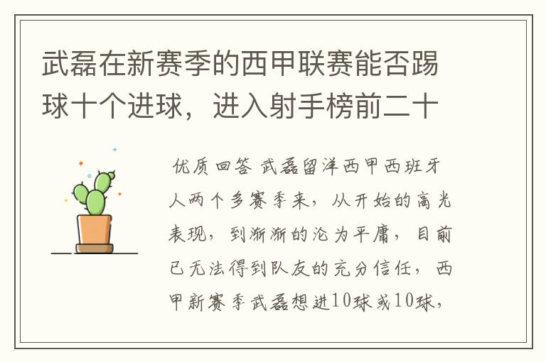 武磊在新赛季的西甲联赛能否踢球十个进球,进入射手榜前二十?
