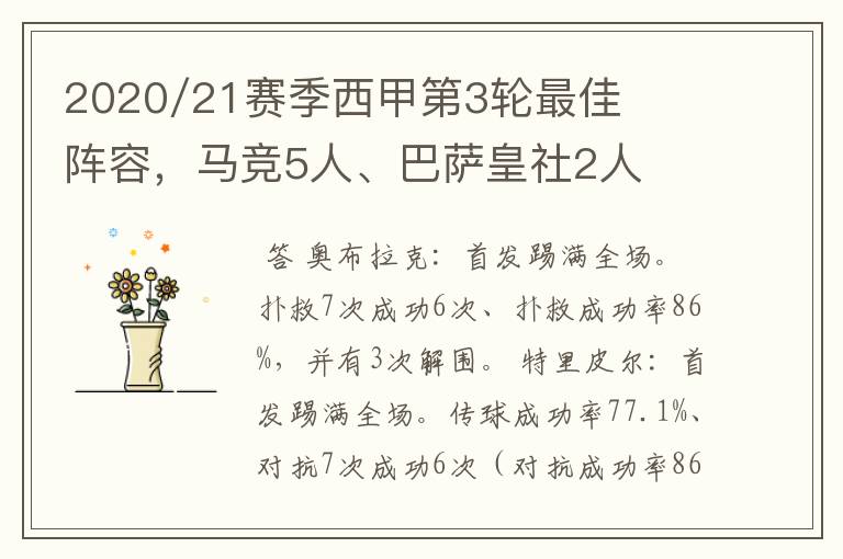 2020/21赛季西甲第3轮最佳阵容,马竞5人、巴萨皇社2人
