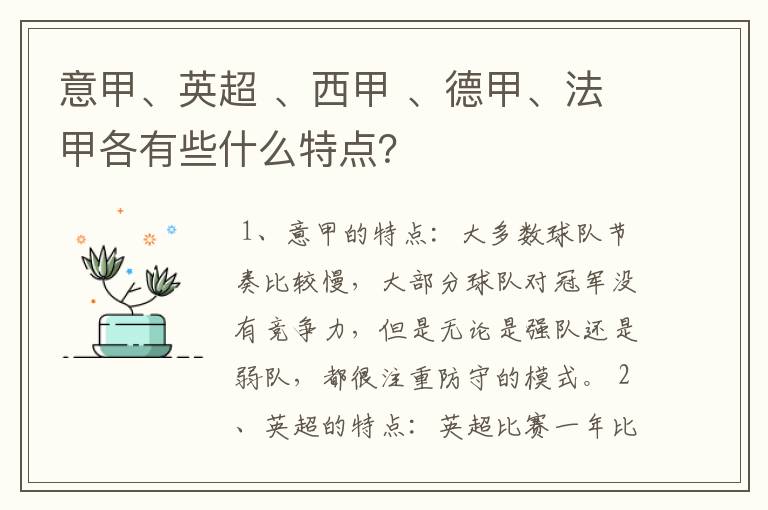 意甲、英超 、西甲 、德甲、法甲各有些什么特点?