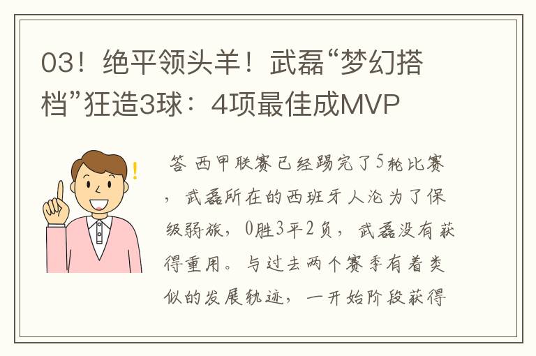 03!绝平领头羊!武磊“梦幻搭档”狂造3球:4项最佳成MVP