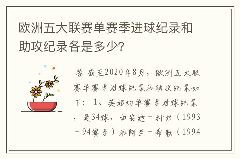 欧洲五大联赛单赛季进球纪录和助攻纪录各是多少?