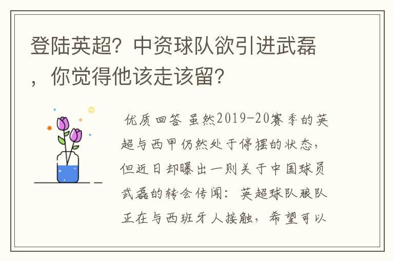登陆英超?中资球队欲引进武磊,你觉得他该走该留?