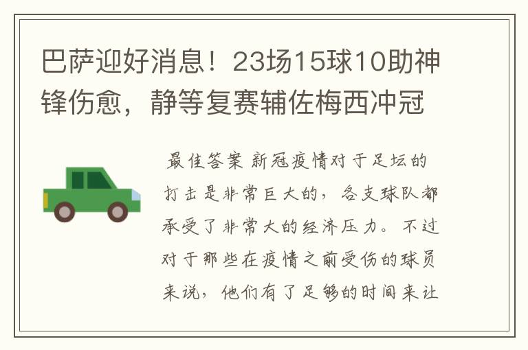 巴萨迎好消息!23场15球10助神锋伤愈,静等复赛辅佐梅西冲冠!