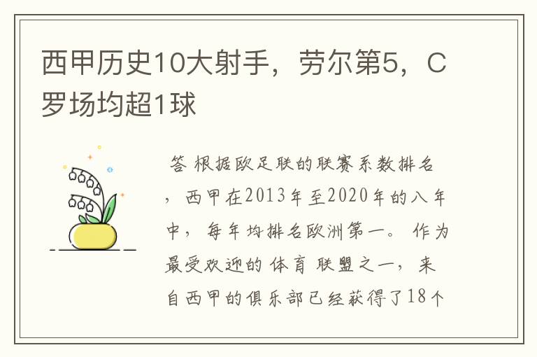 西甲历史10大射手,劳尔第5,C罗场均超1球