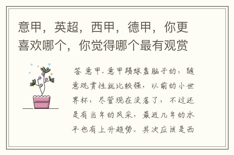 意甲，英超，西甲，德甲，你更喜欢哪个，你觉得哪个最有观赏性