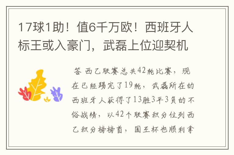 17球1助!值6千万欧!西班牙人标王或入豪门,武磊上位迎契机