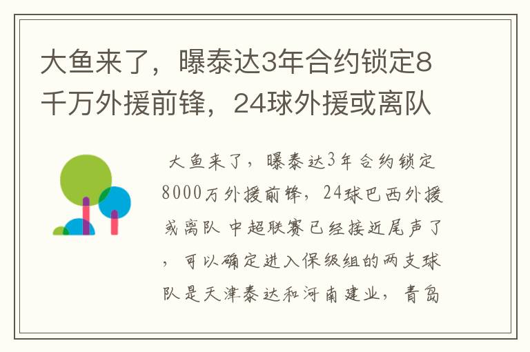 大鱼来了,曝泰达3年合约锁定8千万外援前锋,24球外援或离队