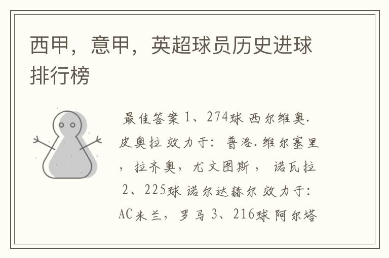 西甲,意甲,英超球员历史进球排行榜