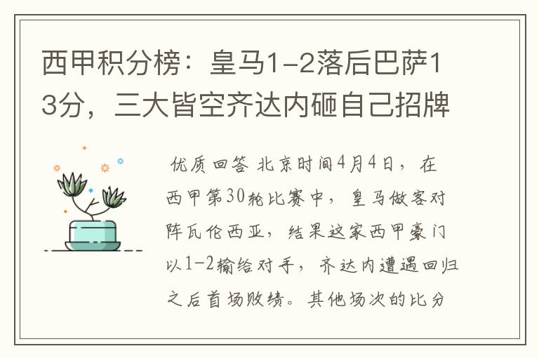 西甲积分榜:皇马1-2落后巴萨13分,三大皆空齐达内砸自己招牌?