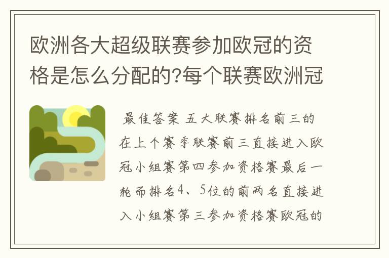 欧洲各大超级联赛参加欧冠的资格是怎么分配的?每个联赛欧洲冠军杯参赛队