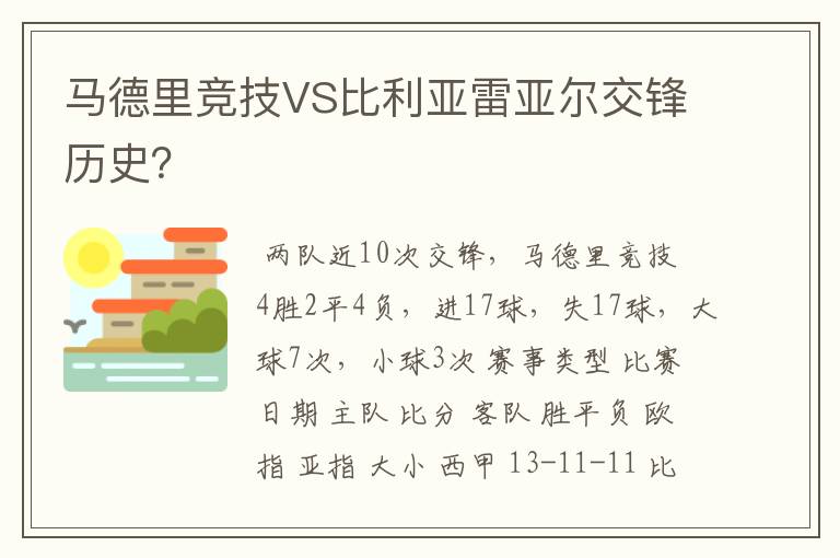 马德里竞技VS比利亚雷亚尔交锋历史?