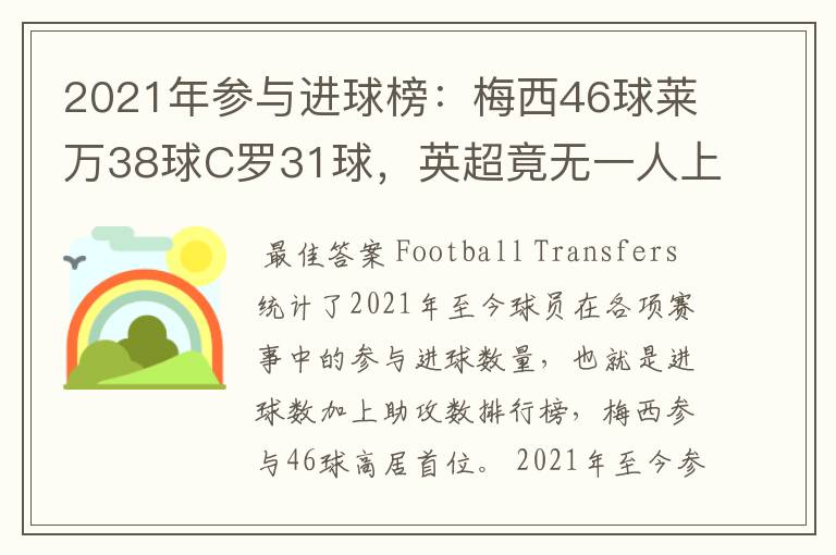 2021年参与进球榜：梅西46球莱万38球C罗31球，英超竟无一人上榜