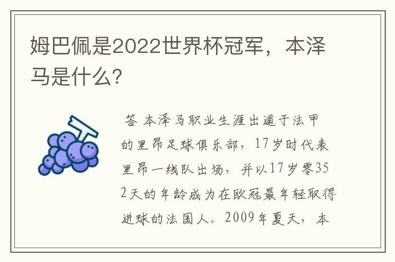 姆巴佩是2022世界杯冠军,本泽马是什么?