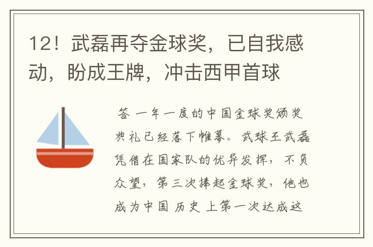 12!武磊再夺金球奖,已自我感动,盼成王牌,冲击西甲首球