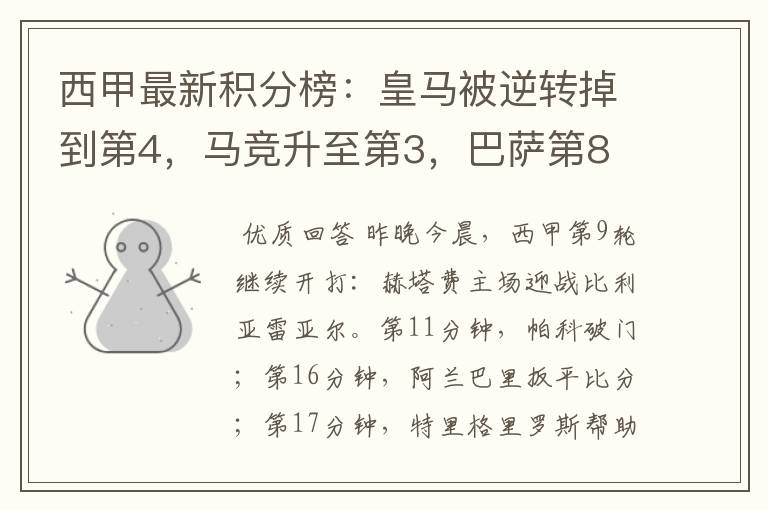 西甲最新积分榜:皇马被逆转掉到第4,马竞升至第3,巴萨第8