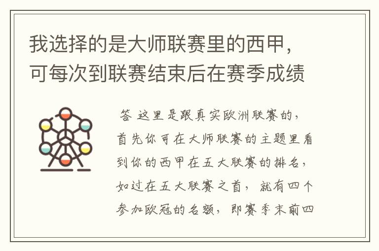 我选择的是大师联赛里的西甲,可每次到联赛结束后在赛季成绩里在欧洲联赛里哪项是为参加,要怎样才能参加
