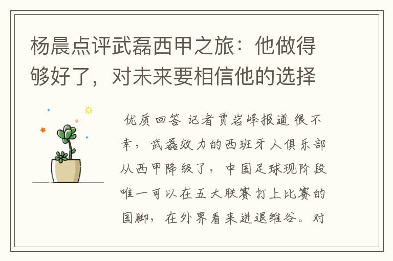 杨晨点评武磊西甲之旅:他做得够好了,对未来要相信他的选择