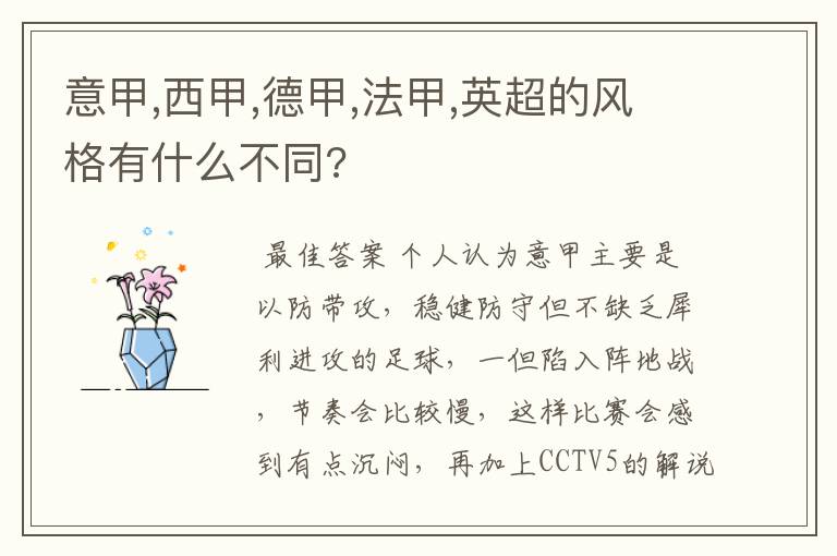 意甲,西甲,德甲,法甲,英超的风格有什么不同?