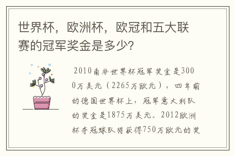 世界杯,欧洲杯,欧冠和五大联赛的冠军奖金是多少?