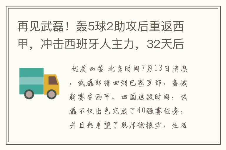 再见武磊!轰5球2助攻后重返西甲,冲击西班牙人主力,32天后首秀