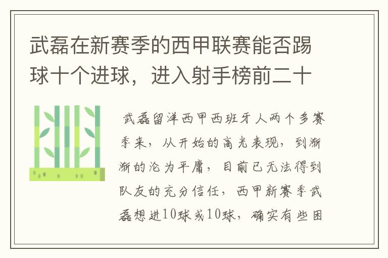 武磊在新赛季的西甲联赛能否踢球十个进球,进入射手榜前二十?