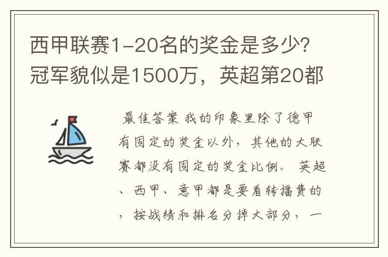 西甲联赛1-20名的奖金是多少?冠军貌似是1500万,英超第20都是4000万呀!