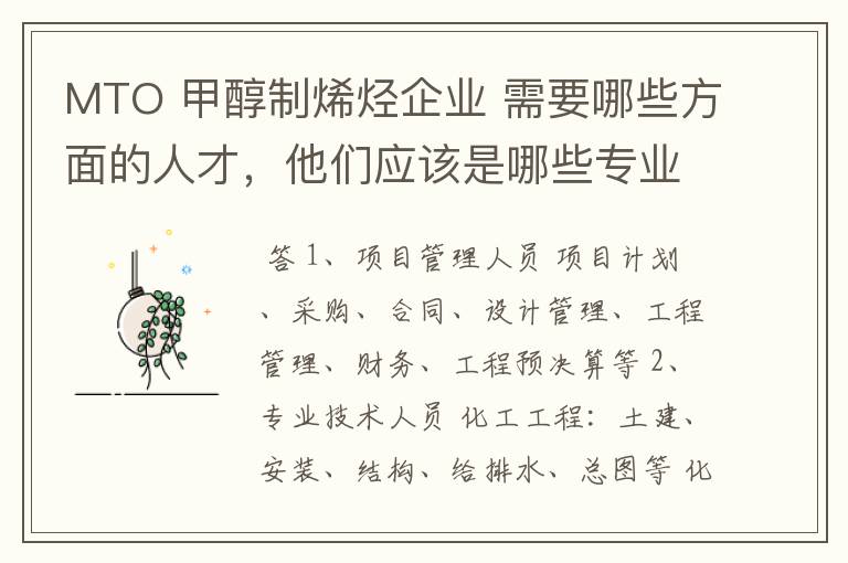 MTO 甲醇制烯烃企业 需要哪些方面的人才,他们应该是哪些专业