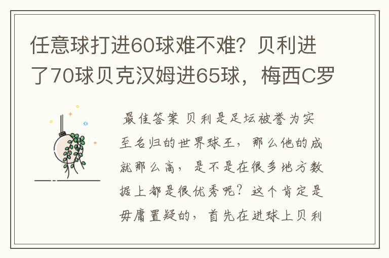 任意球打进60球难不难?贝利进了70球贝克汉姆进65球,梅西C罗呢