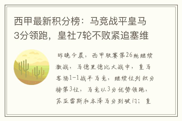 西甲最新积分榜:马竞战平皇马3分领跑,皇社7轮不败紧追塞维