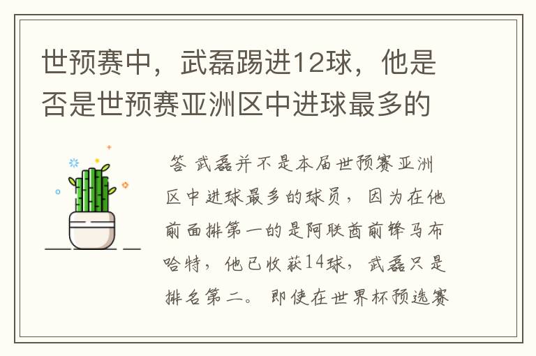 世预赛中,武磊踢进12球,他是否是世预赛亚洲区中进球最多的球员?
