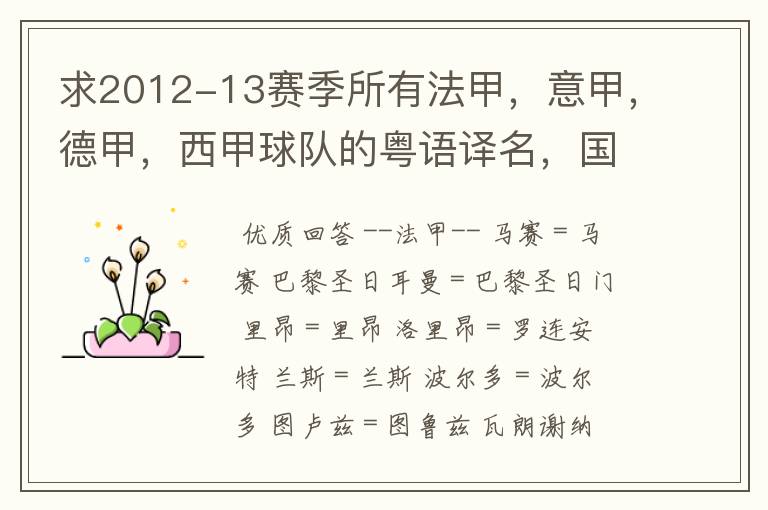 求2012-13赛季所有法甲,意甲,德甲,西甲球队的粤语译名,国粤对照。