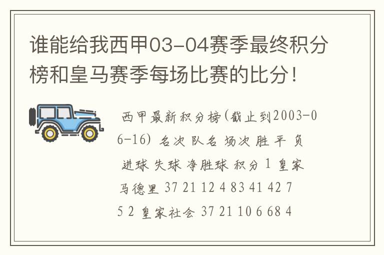 谁能给我西甲03-04赛季最终积分榜和皇马赛季每场比赛的比分!