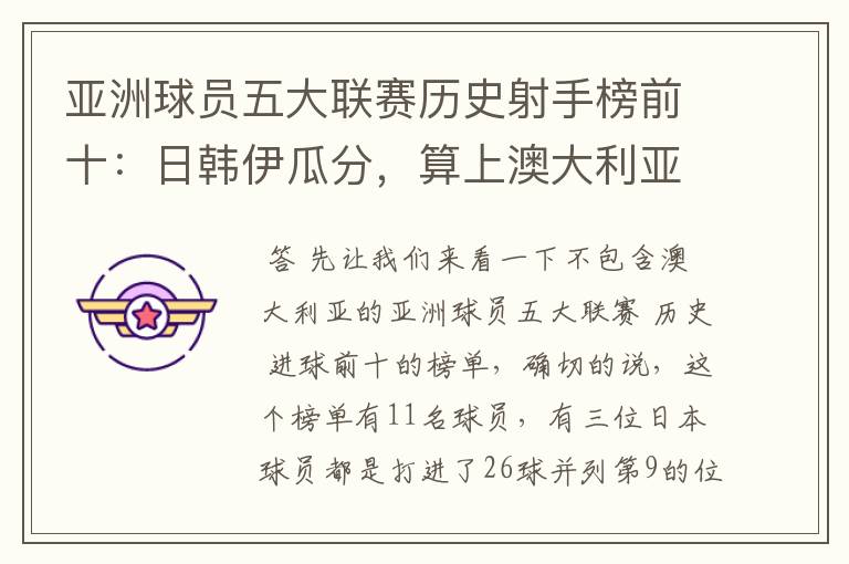 亚洲球员五大联赛历史射手榜前十:日韩伊瓜分,算上澳大利亚呢?