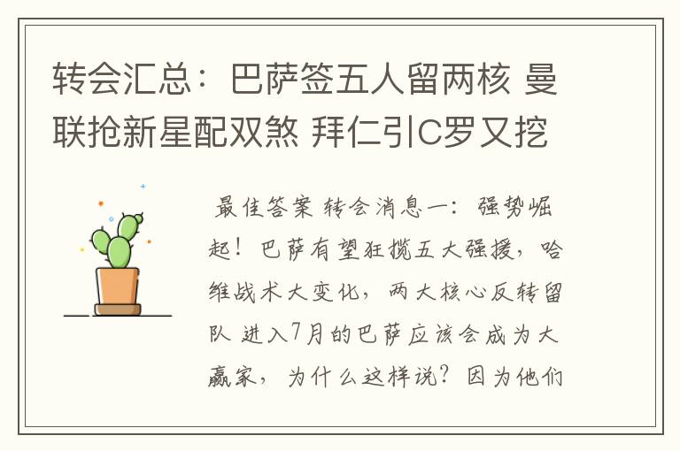 转会汇总:巴萨签五人留两核 曼联抢新星配双煞 拜仁引C罗又挖死敌