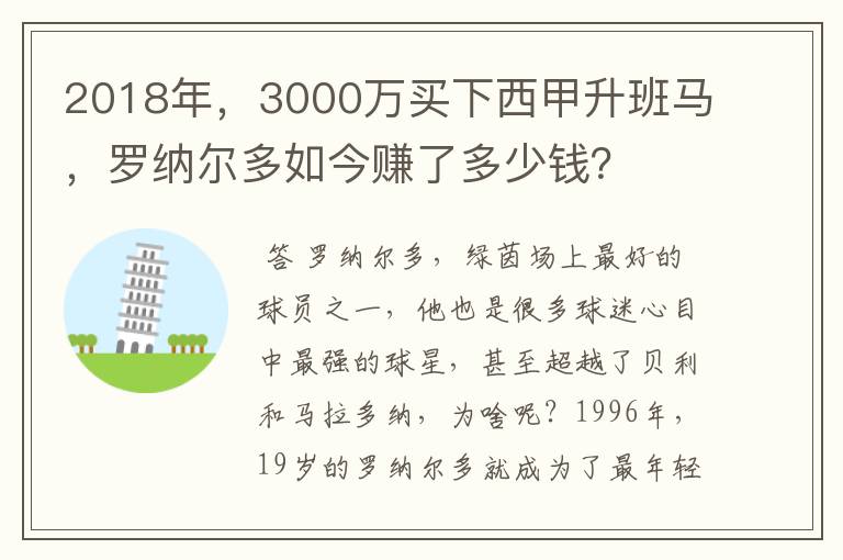 2018年,3000万买下西甲升班马,罗纳尔多如今赚了多少钱?