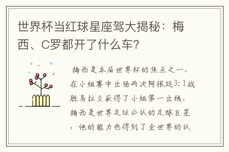 世界杯当红球星座驾大揭秘:梅西、C罗都开了什么车?