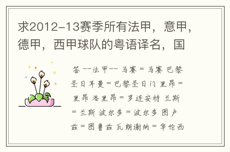求2012-13赛季所有法甲,意甲,德甲,西甲球队的粤语译名,国粤对照。