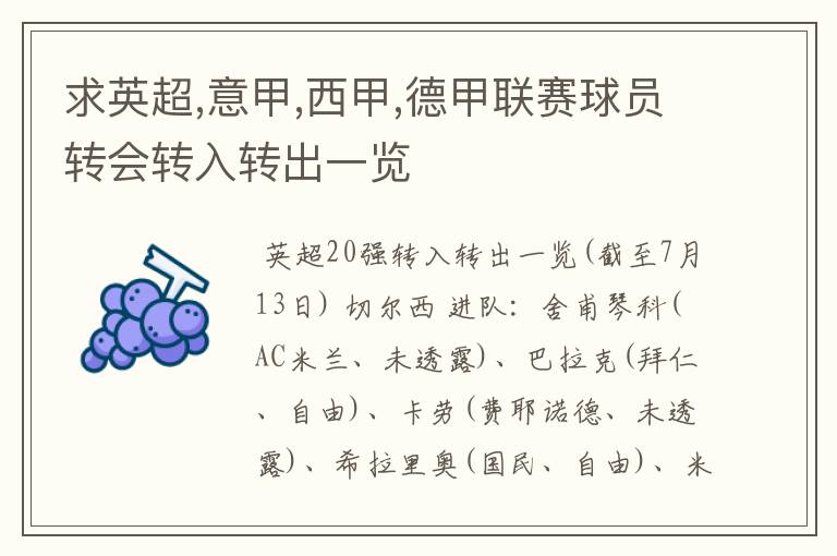 求英超,意甲,西甲,德甲联赛球员转会转入转出一览