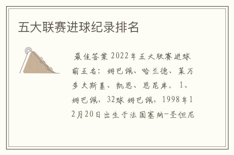 五大联赛进球纪录排名
