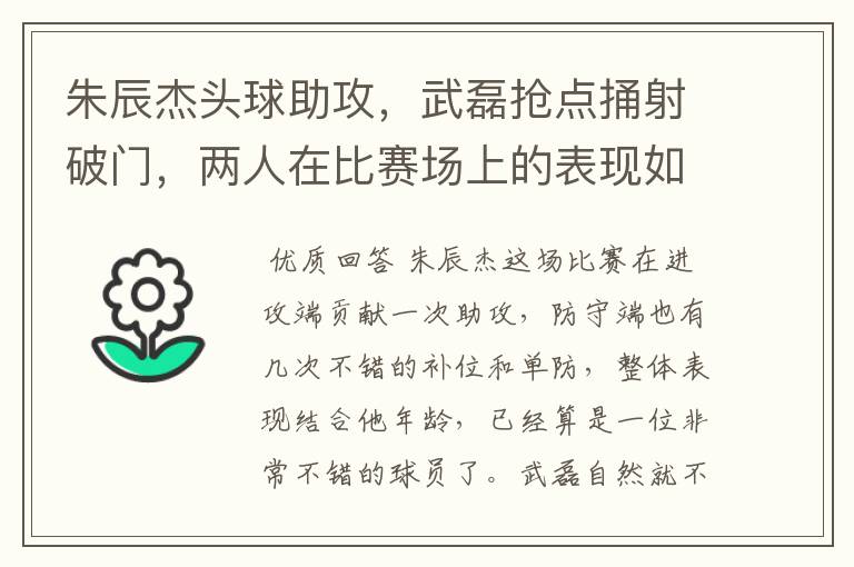 朱辰杰头球助攻,武磊抢点捅射破门,两人在比赛场上的表现如何?