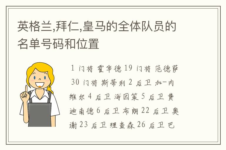 英格兰,拜仁,皇马的全体队员的名单号码和位置