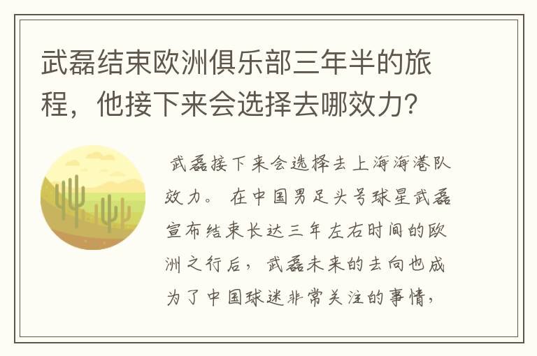武磊结束欧洲俱乐部三年半的旅程,他接下来会选择去哪效力?