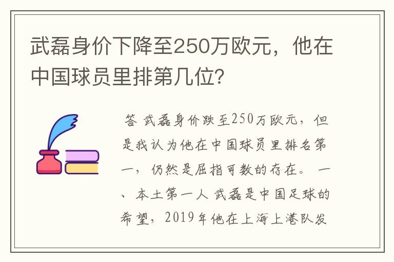 武磊身价下降至250万欧元,他在中国球员里排第几位?