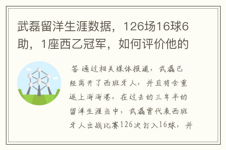 武磊留洋生涯数据,126场16球6助,1座西乙冠军,如何评价他的表现?